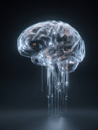 A holographic representation of a brain emits data streams, highlighting the intersection of artificial intelligence and futuristic concepts in technology.の素材
