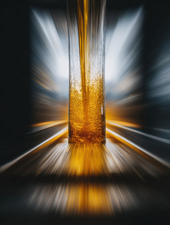 Beer is being poured swiftly into a clear glass, creating a lively display of bubbles and motion against a blurred backdrop.の素材