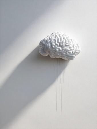 A thought cloud elegantly casts a soft shadow of a brain on a pristine white wall, highlighting minimal design with a serene atmosphere and subtle textures.の素材