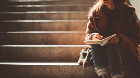 A student enjoys a moment of reflection as they write in a notebook while seated on stairs, surrounded by warm natural light during an afternoon.の素材