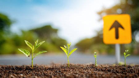 Nature shows lifelong learning as young plants sprout by a road sign, symbolizing curiosity and growth in a tranquil setting.の素材