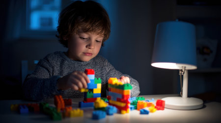 Child engaged in building with vibrant puzzle blocks, illuminated by a lamp in a dimly lit room during evening hours, showcasing concentration and creativity.の素材