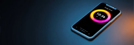 A smartphone displays a glowing study timer app with a colorful background, indicating the time as 1036 and serving as a focus tool for learning.の素材