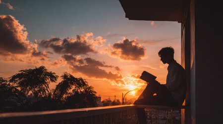 A student sits on a balcony reading a motivational book while watching the vibrant sunrise, surrounded by a clear sky and gentle clouds.の素材