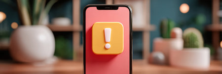 Banking app displays a warning notification with an exclamation icon, alerting users to potential security issues while surrounded by soft-focus decor.の素材