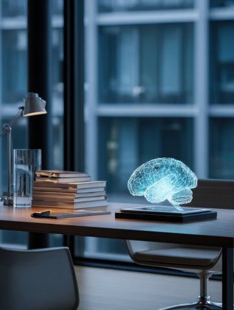 A clean and modern office desk features a digital brain model displayed on a tablet, surrounded by stacked books and an elegant lamp providing soft lighting.の素材