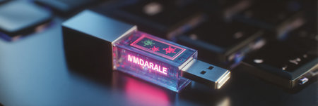 Glowing USB drive marked with malware label is inserted into computer with keyboard visible, revealing potential cybersecurity threat in a dimly lit area.の素材