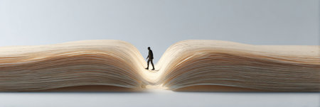 A human silhouette steps into the pages of a massive open book, symbolizing the journey of knowledge and discovery in an imaginative, tranquil environment.の素材