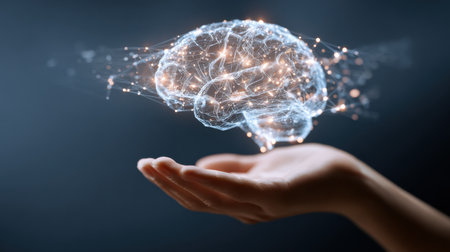 A holographic brain hovers over an outstretched hand, symbolizing the union of human intellect and AI in a dark backdrop.の素材