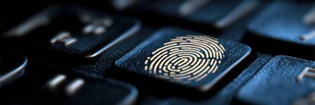 Close-up of a keyboard key featuring a fingerprint symbol, emphasizing digital identity verification in the wake of online breaches and security concernsの素材