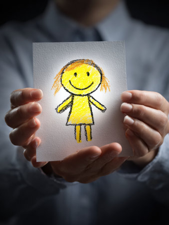 A joyful adult displays a colorful childhood drawing of a smiling figure, radiating warmth and nostalgia in a softly lit environment.の素材