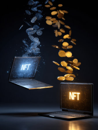 Digital transaction occurs as two laptops exchange fake NFTs, with coins floating between them in an open dark space, showcasing virtual commerce.の素材