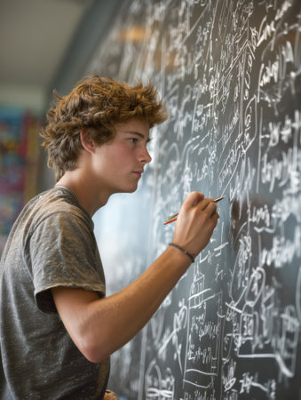 Focused teenager engaged in solving mathematical problems at chalkboard, writing diagrams and equations in a learning space during school hours.の素材