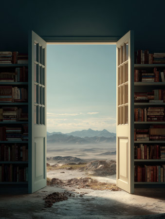 A door swings open to reveal a breathtaking landscape filled with opportunities and a wealth of books lining the walls, inviting exploration and discovery.の素材