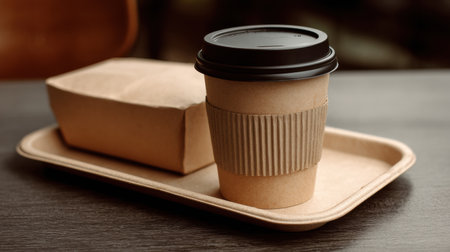 A food court tray holds a beverage cup and a clean paper bag, showing a simple lunch setup in a casual dining environment.の素材