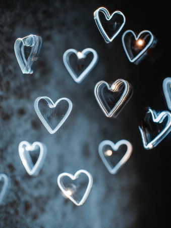 Neon hearts float gracefully against a dark moody wall background, casting a soft glow and enhancing the overall ambiance with a playful yet elegant touchの素材