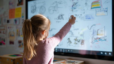 A child engages in a school presentation, pointing at educational charts on a smartboard while classmates observe in a classroom atmosphere.の素材