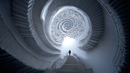 A spiral staircase winds through an open brain sculpture, symbolizing the advancement of thought and creativity in a contemporary art spaceの素材