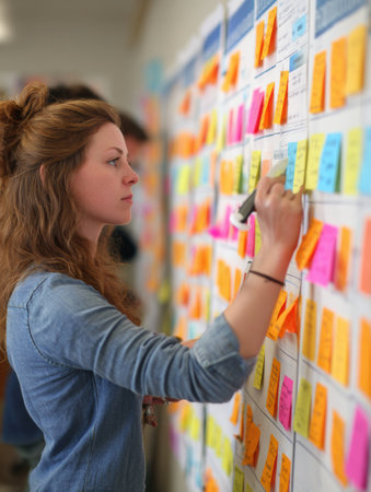 Student engages in organizing a task board filled with vibrant colored labels, demonstrating collaboration and effective planning in a learning space.の素材