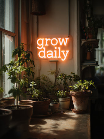 A warm workspace illuminated by a glowing neon sign encouraging growth, featuring various potted plants basking in soft, natural light through windows.の素材