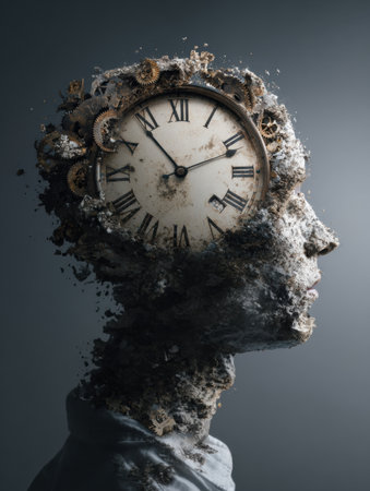 An abstract representation of a giant clock face is embedded in a head, illustrating the concept of time and personal growth within a minimal setting.の素材