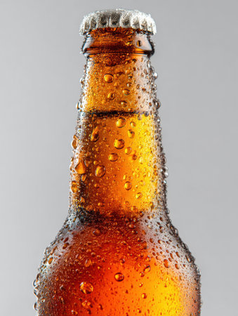 A close-up view of a frosty beer bottle showing water droplets on its surface, set against a neutral background that emphasizes its amber hue.の素材