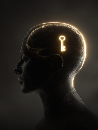A person delicately unlocks their head with a glowing key representing knowledge, illuminating the left side against a dark background.の素材