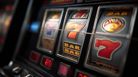 Jackpot symbols align perfectly on the slot machine reel while the top-right position remains blank, showingcasing moments of anticipation in gaming.の素材