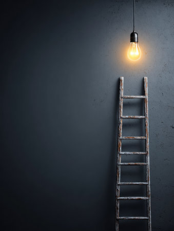 A ladder leans toward a glowing light bulb, symbolizing the pursuit of knowledge and inspiration in a simple yet impactful setting.の素材