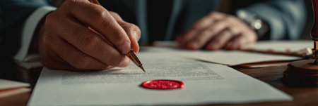 A lawyer reviews documents labeled with a red FAKE stamp, preparing to address legal concerns related to forgery in a professional office settingの素材