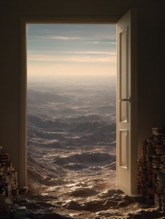 An open door reveals a sweeping landscape of possibilities, accompanied by towering stacks of books, inviting exploration and learning at dusk.の素材
