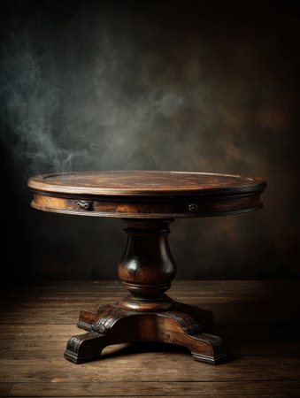 A vintage poker table takes center stage in a dimly lit space, with a smoky backdrop creating an intriguing and mysterious ambiance perfect for game night.の素材