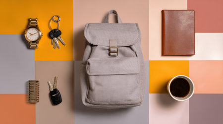 A vibrant surface displays student essentials a backpack, planner, keys, coffee, and a watch, showcasing daily routines.の素材