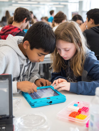 Students are engaged in a coding project focusing together, intently on a digital tablet in a clean and spacious lab area with ample natural light.の素材