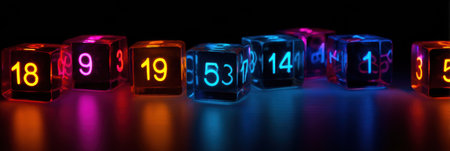 Neon dice in bright colors are arranged in a countdown pattern, showcasing numbers that add excitement to any gathering or game night atmosphere.の素材