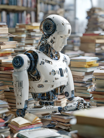 A neural AI machine is deeply focused on studying various texts while surrounded by stacks of books and open notebooks in a contemporary library environment.の素材