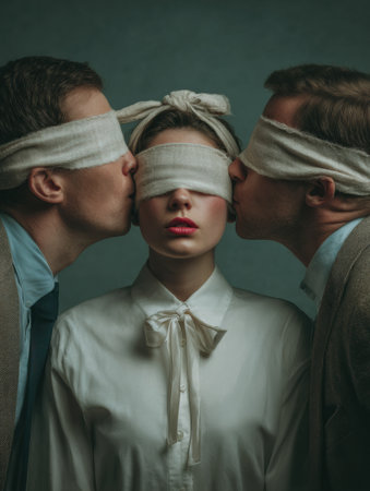 A woman sits surrounded by two men, all wearing blindfolds. The men whisper false information to her, representing a social engineering tactic.の素材