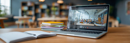 A laptop displays an educational video in pause mode while a notebook lies open beside it. The workspace is tidy, promoting an efficient study environment.の素材