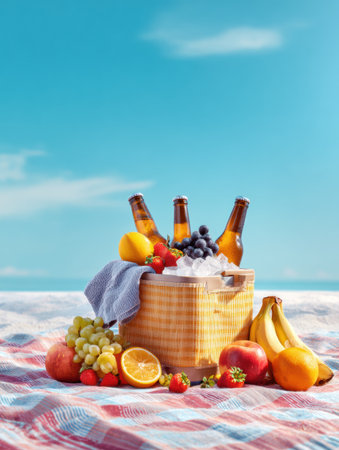 Gathered for a summer picnic, a cooler filled with assorted fruits and beverages sits on a blanket under the bright and sunny sky by the beach.の素材