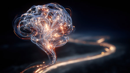 A vibrant light trail flows between a heart and a brain, illustrating the journey of emotional and logical growth against a dark background.の素材