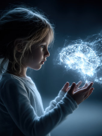 Young child interacts with an illuminated digital brain projection, symbolizing advanced learning and creativity in a captivating and futuristic space.の素材