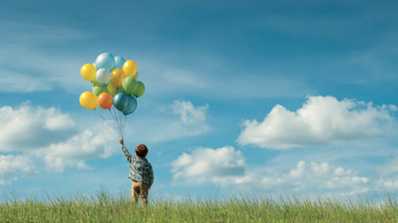 In an open field, a child raises colorful balloons that symbolize ideas, lifting him upward towards a bright, clear sky filled with fluffy clouds.の素材