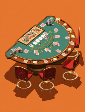 Detailed isometric view of a casino table with neatly dealt cards and stacked chips, featuring a clean layout and inviting atmosphere for gameplay.の素材