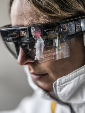 Smart glasses showcase a neural overlay displaying data and information while a user interacts with technology in a modern environment.の素材