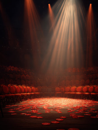 Spotlights illuminate an empty poker stage, with colorful markers on the floor and red chairs, creating an inviting ambiance.の素材