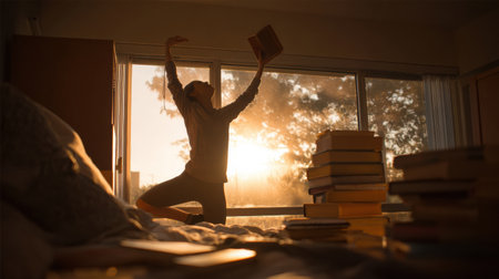 Sunrise streams through a dorm window as a student stretches joyfully with books in hand, surrounded by a serene atmosphere of early morning energyの素材