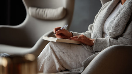 Individual engaged in a coaching session in a minimalist interior, focused on taking notes while seated comfortably in a spacious area.の素材