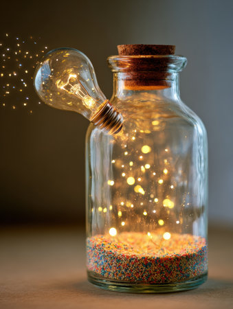 A glass jar filled with glowing ideas releases bright sparks of creativity, radiating inspiration into the surrounding space during a tranquil moment.の素材