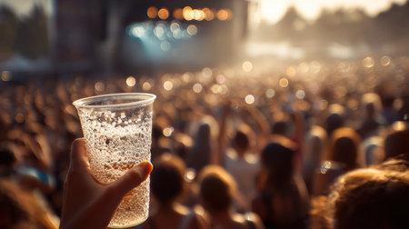 A hand raises a clear cup filled with foam, celebrating amidst a lively festival crowd under bright lights as music fills the air.の素材