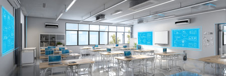 This smart classroom showcases a design with IoT devices and LED panels, fostering a dynamic learning environment equipped for student engagement.の素材
